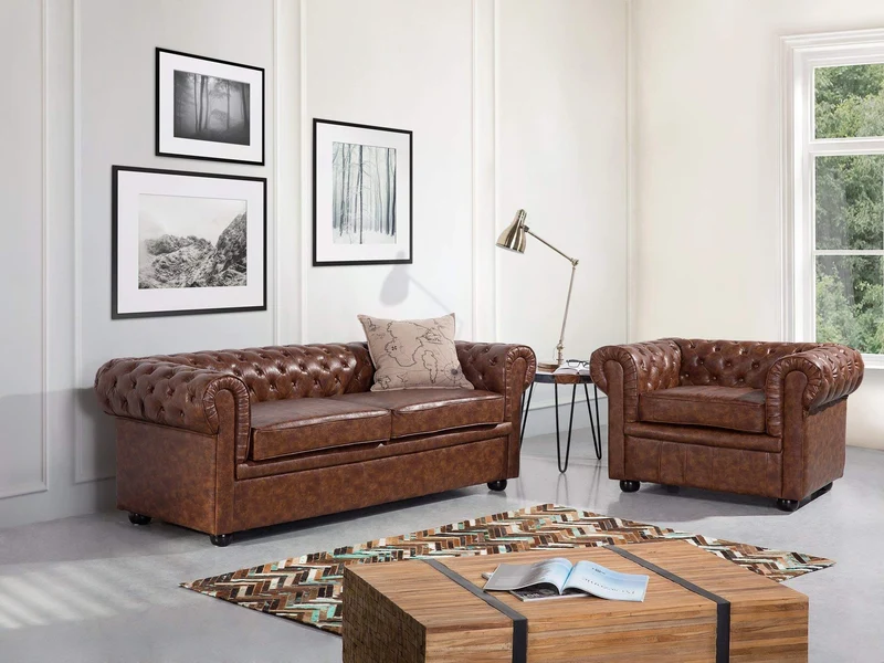 Canapé 2 à 3 Places en Simili Cuir Marron Vintage Chesterfield