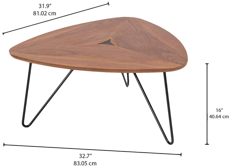 Marque Amazon - Rivet - Table basse triangulaire, en noyer et à base en métal noir, 77 x 65 x 56 cm