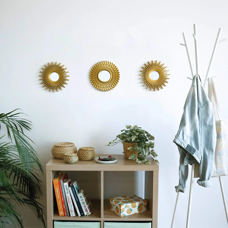Miroir Murale 3 Pièces - BONNYCO | Miroir Rond pour Decoration Murale dans Maison, Salon et Chambre | Miroir Soleil Accrocher au Mur Original Cadeau Femme et Maman | Miroir Doré pour Décoration