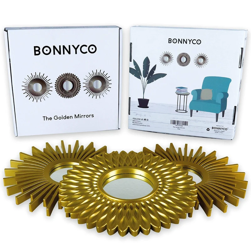 Miroir Murale 3 Pièces - BONNYCO | Miroir Rond pour Decoration Murale dans Maison, Salon et Chambre | Miroir Soleil Accrocher au Mur Original Cadeau Femme et Maman | Miroir Doré pour Décoration