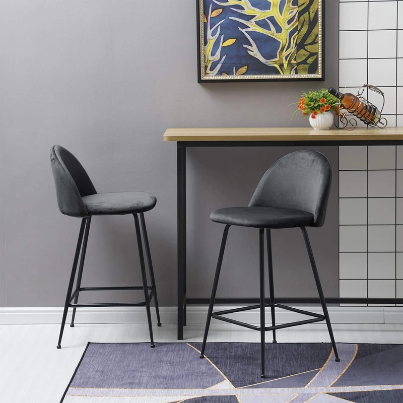 WOLTU 2 Tabourets de Bar Design avec Velours Assise,Tabouret de Cuisine Structure en métal,Gris BH192gr-2