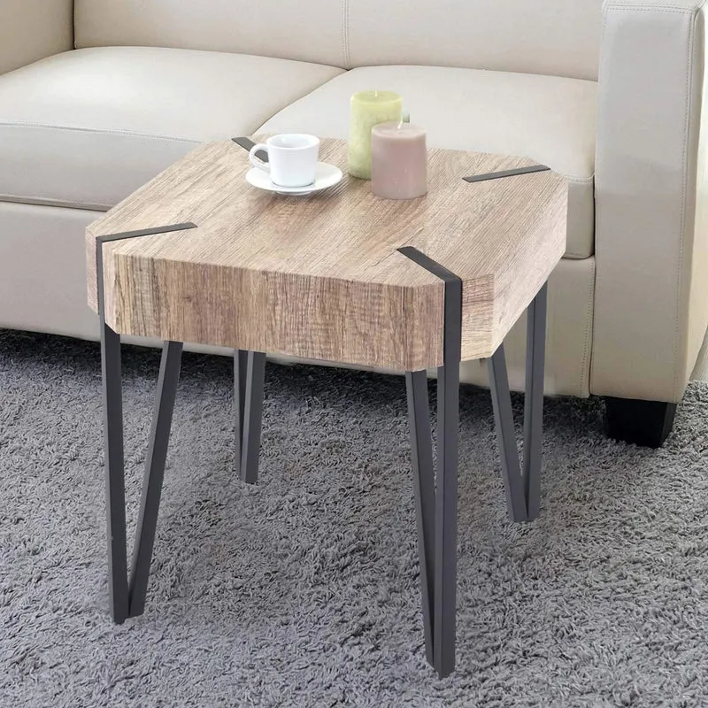 Table Basse de Salon KOS T574, certifié FSC, 52x50x50cm ~ chêne Sauvage, Pieds foncés en métal