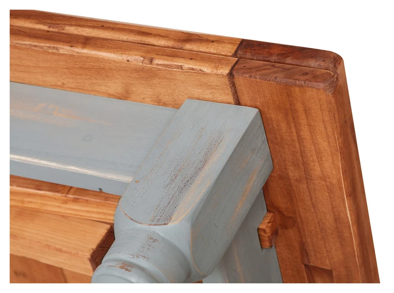 Table à rallonge champêtre en bois massif de tilleul massif, cadre gris antique, plateau fini naturel L160xPR90xH80 cm