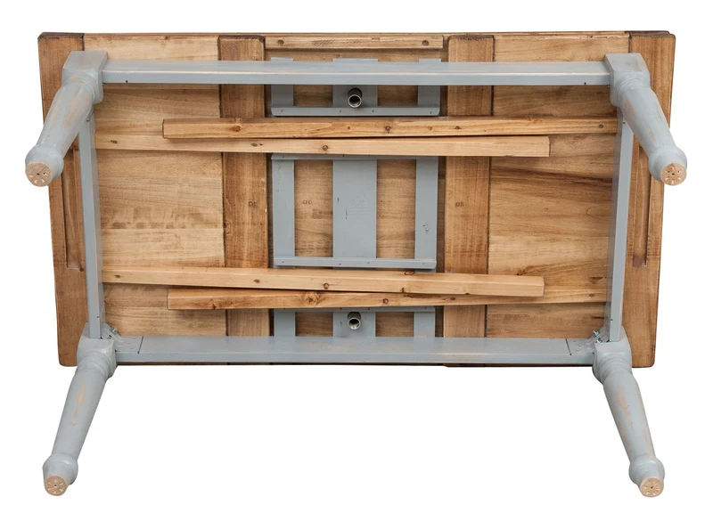 Table à rallonge champêtre en bois massif de tilleul massif, cadre gris antique, plateau fini naturel L160xPR90xH80 cm
