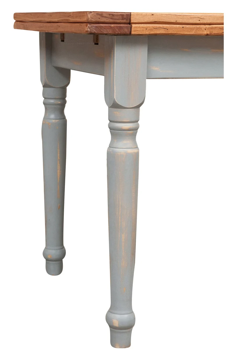 Table à rallonge champêtre en bois massif de tilleul massif, cadre gris antique, plateau fini naturel L160xPR90xH80 cm