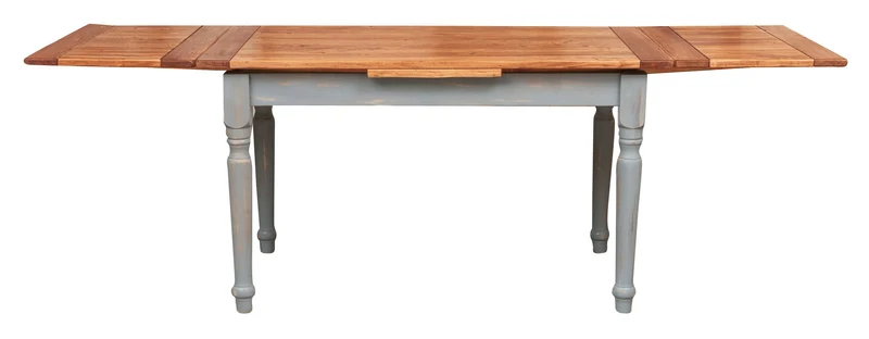 Table à rallonge champêtre en bois massif de tilleul massif, cadre gris antique, plateau fini naturel L160xPR90xH80 cm