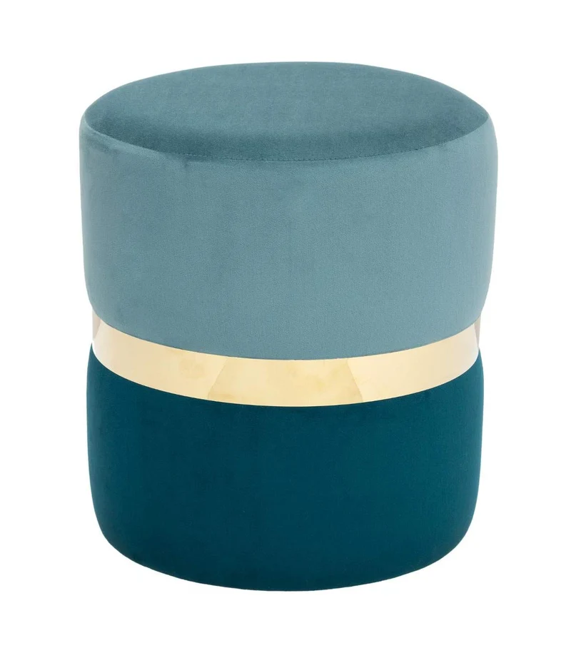 Atmosphera - Pouf en Velours Bleu et Ceinture dorée H 38 cm