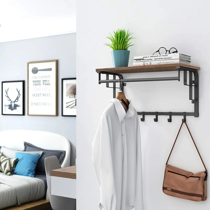 VASAGLE Porte-Manteau Mural avec étagère de Rangement, Vintage, étagère Murale avec Crochets, étagère Murale avec Tringle, 5 Crochets, pour Entrée, Couloir, Chambre, Salle de Bains, Salon LCR12BX