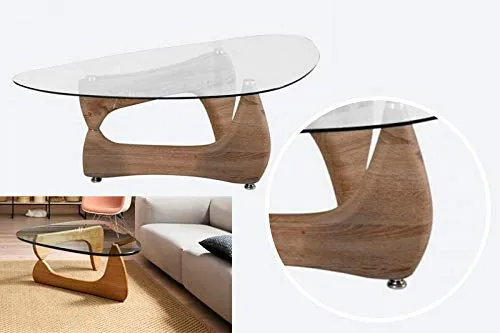 Table Basse de Style Noguchi avec Plateau en Verre Transparent - Table Basse Triangulaire - Style médiator de Guitare - Trépied - Effet Bois Naturel - Table d'appoint - Table Basse.