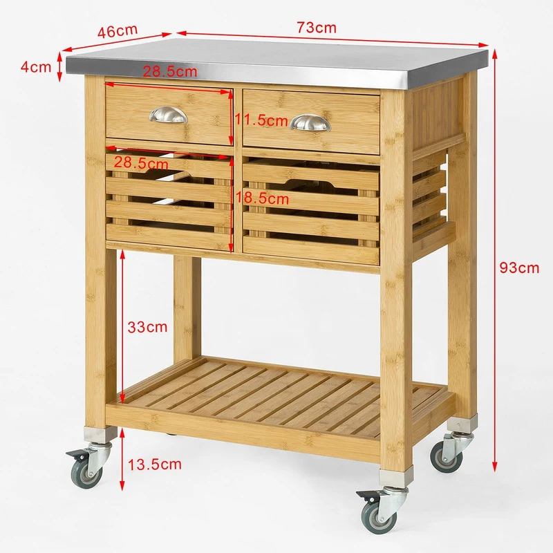 SoBuy® FKW40-N Desserte sur roulettes Armoire de Rangement Cuisine en Bambou - Plan de travailen en Acier INOX résistant aux Empreintes digitales - L73xH93xP46cm