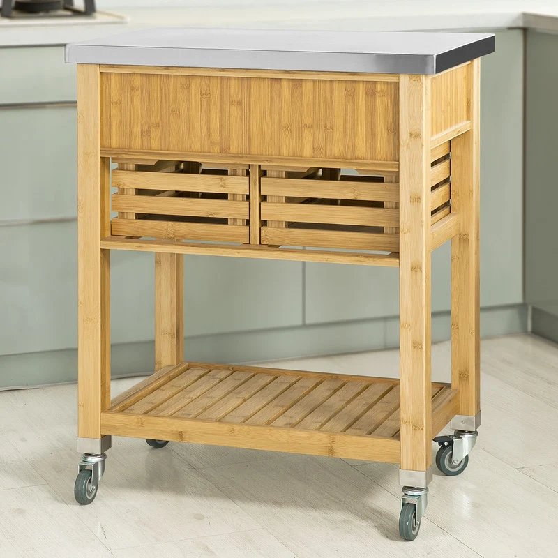 SoBuy® FKW40-N Desserte sur roulettes Armoire de Rangement Cuisine en Bambou - Plan de travailen en Acier INOX résistant aux Empreintes digitales - L73xH93xP46cm