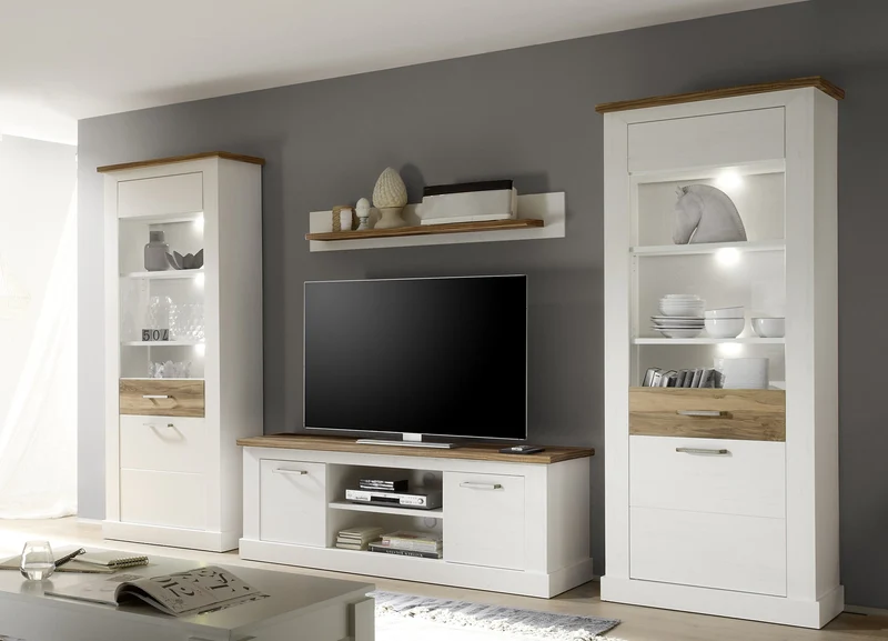 Maisonnerie 1491-131-61 Vitrine Armoire Toronto Style Campagnard Blanc Pin décor, Noyer Satin LxHxP 80x210x42 cm