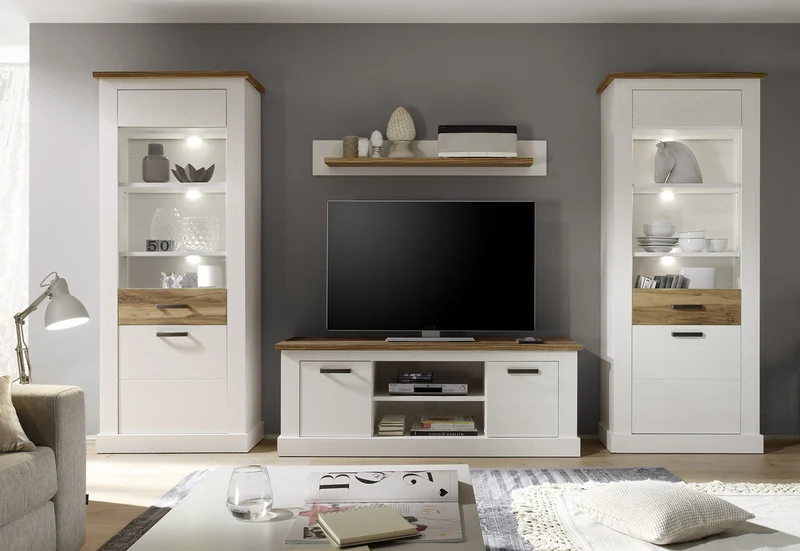 Maisonnerie 1491-131-61 Vitrine Armoire Toronto Style Campagnard Blanc Pin décor, Noyer Satin LxHxP 80x210x42 cm