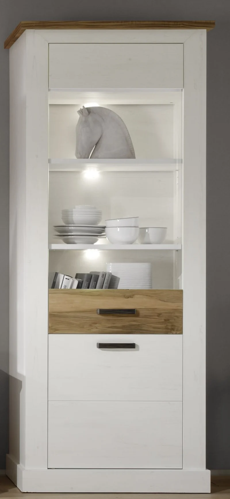 Maisonnerie 1491-131-61 Vitrine Armoire Toronto Style Campagnard Blanc Pin décor, Noyer Satin LxHxP 80x210x42 cm