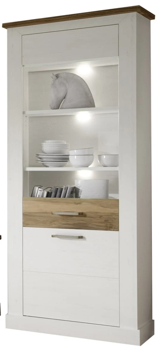 Maisonnerie 1491-131-61 Vitrine Armoire Toronto Style Campagnard Blanc Pin décor, Noyer Satin LxHxP 80x210x42 cm