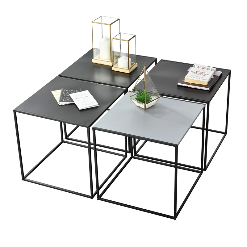 [en.casa] Set de 4 Tables Basses de Salon en Métal Style Industriel avec Étagère de Rangement 4 x 45 x 45 x 45 cm Noir et Gris