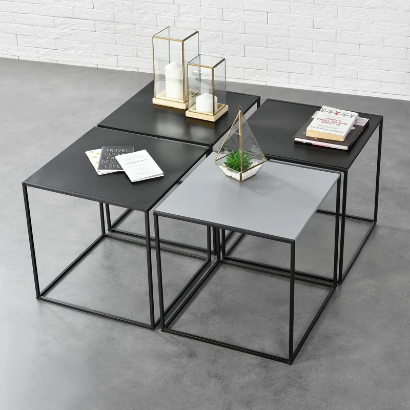[en.casa] Set de 4 Tables Basses de Salon en Métal Style Industriel avec Étagère de Rangement 4 x 45 x 45 x 45 cm Noir et Gris