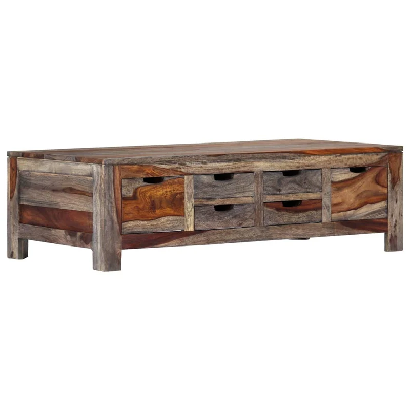 Tidyard Table Basse avec 6 Tiroirs en Bois de Sesham Massif Style Vintage Gris 100 x 55 x 30 cm
