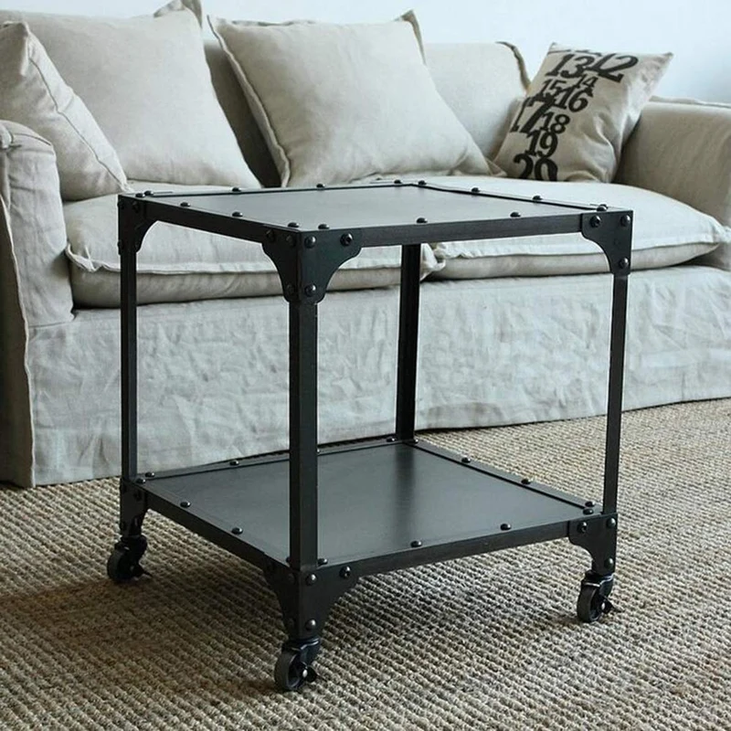 Jcnfa-Tables Table Basse Industrielle LOFT Américaine, Table Basse À roulettes en Fer, Table D'appoint Canapé Créatif, Table Basse Carrée avec Rivets, Noir