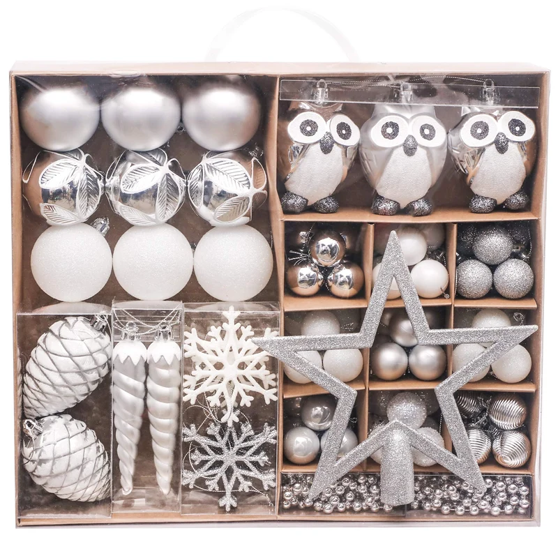 Victor's Workshop 90pcs Boules De Noël Boules De Noël Ensemble, Ruban Et Blanc en Plastique Incassable Boules De Noël Décoration, Sapin De Noël Pendentifs Cadeaux (Frozen Winter)