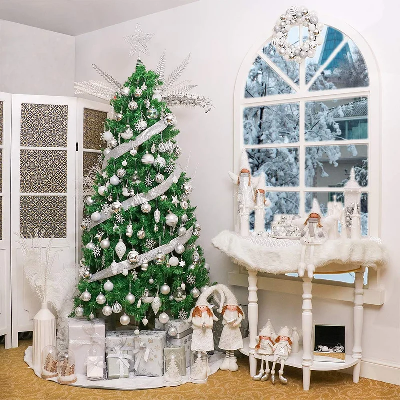 Victor's Workshop 90pcs Boules De Noël Boules De Noël Ensemble, Ruban Et Blanc en Plastique Incassable Boules De Noël Décoration, Sapin De Noël Pendentifs Cadeaux (Frozen Winter)