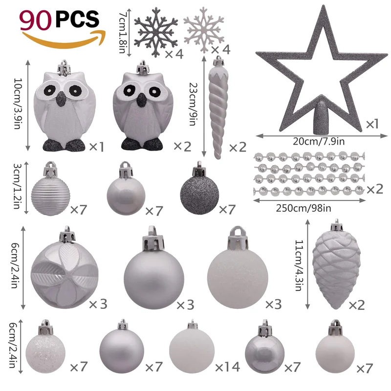 Victor's Workshop 90pcs Boules De Noël Boules De Noël Ensemble, Ruban Et Blanc en Plastique Incassable Boules De Noël Décoration, Sapin De Noël Pendentifs Cadeaux (Frozen Winter)
