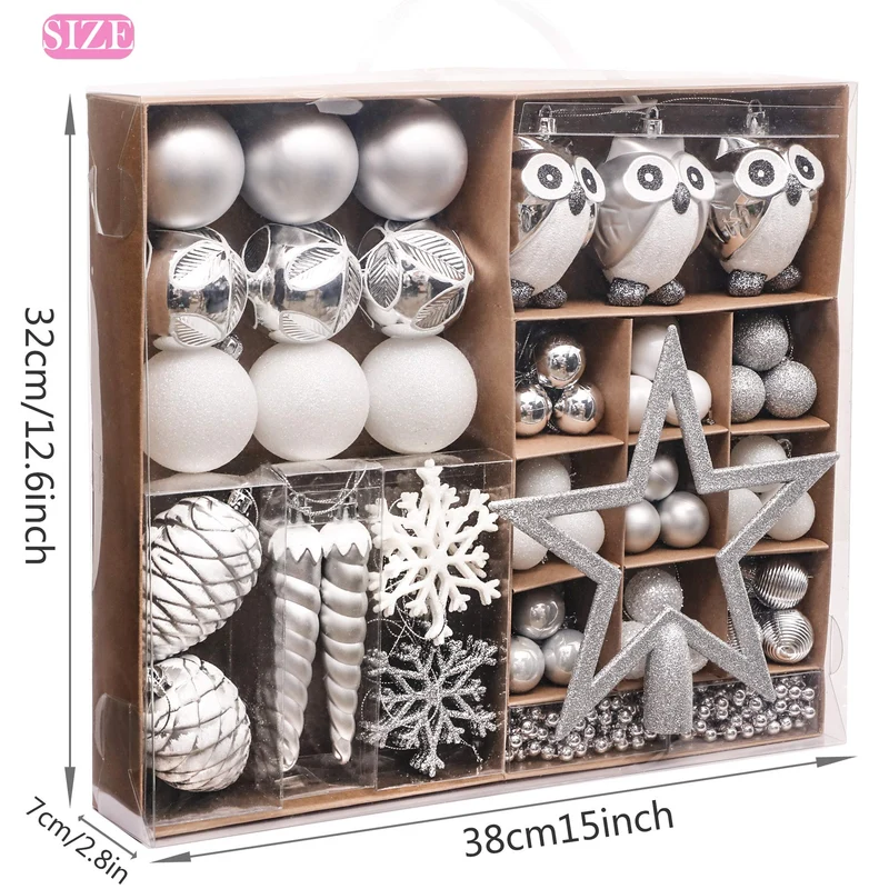 Victor's Workshop 90pcs Boules De Noël Boules De Noël Ensemble, Ruban Et Blanc en Plastique Incassable Boules De Noël Décoration, Sapin De Noël Pendentifs Cadeaux (Frozen Winter)