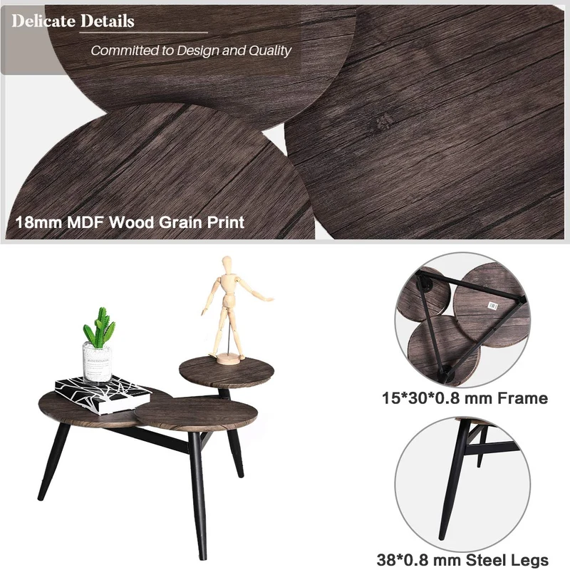 Aingoo Petite Table Basse avec 3 Dessus de Style Industriel Tables Gigognes Tables D'appoint en MDF avec Pieds en Métal, Marron