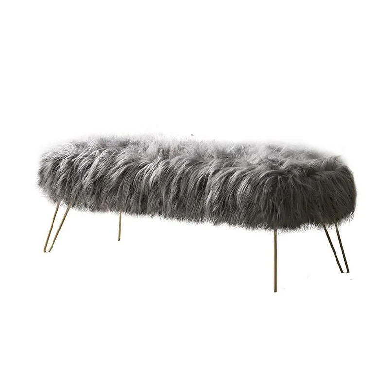 Moderne contemporain Ottoman/Banc en fausse fourrure longue Lit Fin Tabouret Tabouret Repose-pieds Tabouret/Siège avec pieds en métal d'or - 80 cm L x 45 cm L x 42 cm H (Color : Gris)