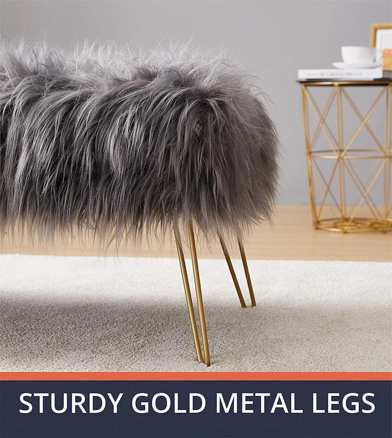 Moderne contemporain Ottoman/Banc en fausse fourrure longue Lit Fin Tabouret Tabouret Repose-pieds Tabouret/Siège avec pieds en métal d'or - 80 cm L x 45 cm L x 42 cm H (Color : Gris)