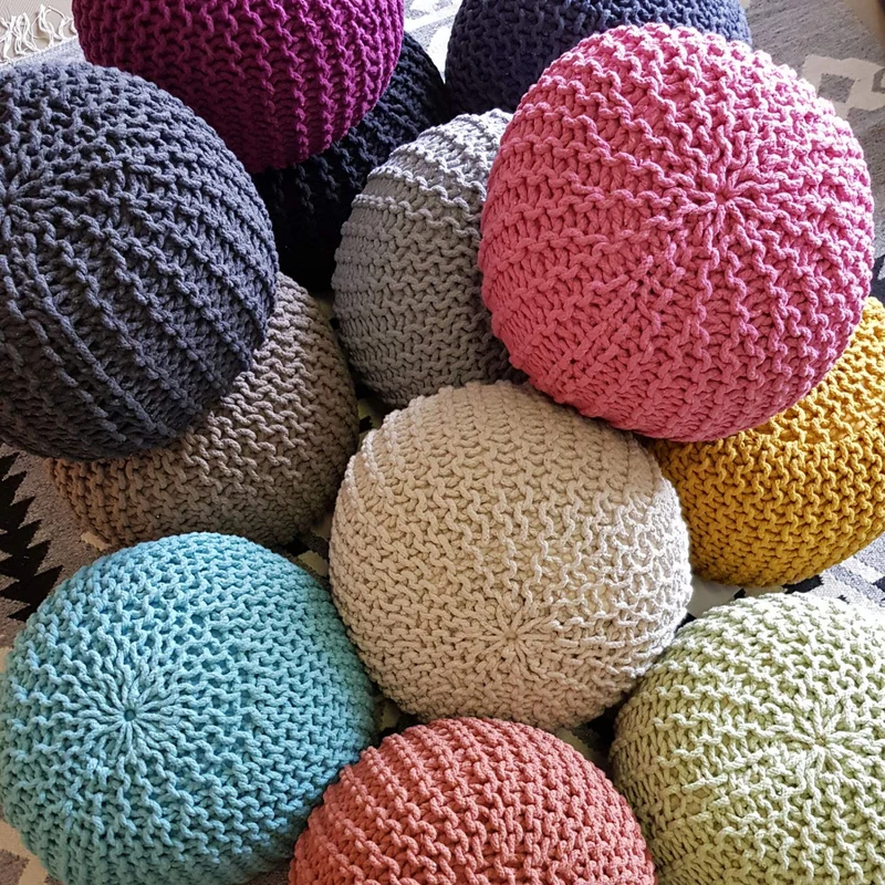 Casamia Pouf en tricot - rond - Diamètre 45 cm - Hauteur 30 cm - Siège style grosses mailles, Coton, gris clair, taille unique
