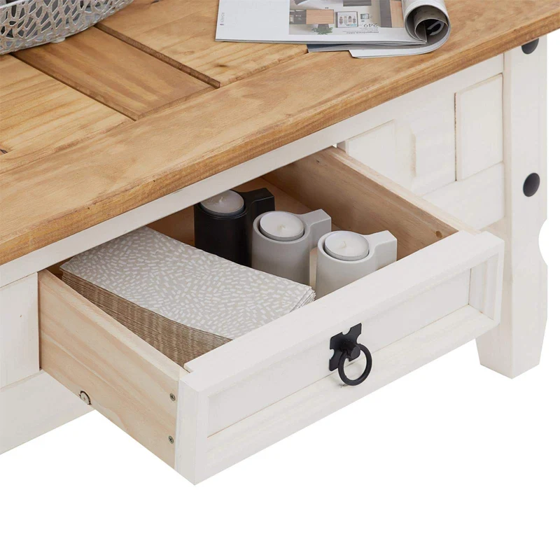 IDIMEX Table Basse de Salon Campo rectangulaire en Bois Style Mexicain avec 1 tiroir, en pin Massif lasuré Blanc et Brun