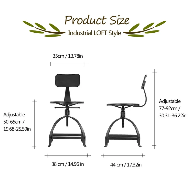 IKAYAA Tabouret de Bar Industrial en Métal Ajustable Hauteur Swivel Kitchen Dining Chair Backrest avec Sac à Dos Noir
