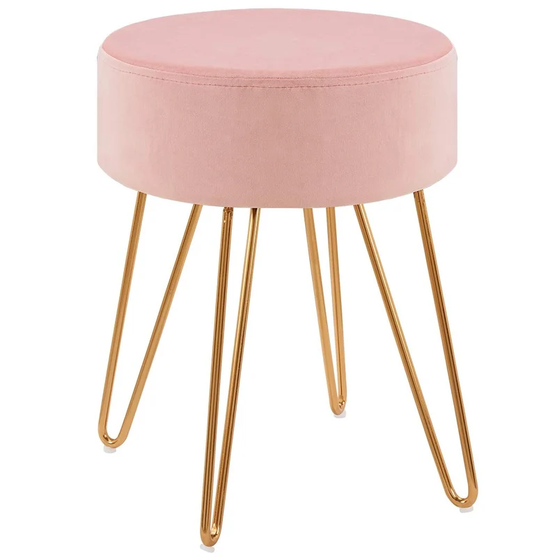 Duhome Tabouret Rond en Tissu Velours Rose Clair Pouf Pieds métallique sélection de Couleur 9111