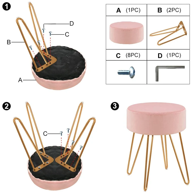 Duhome Tabouret Rond en Tissu Velours Rose Clair Pouf Pieds métallique sélection de Couleur 9111