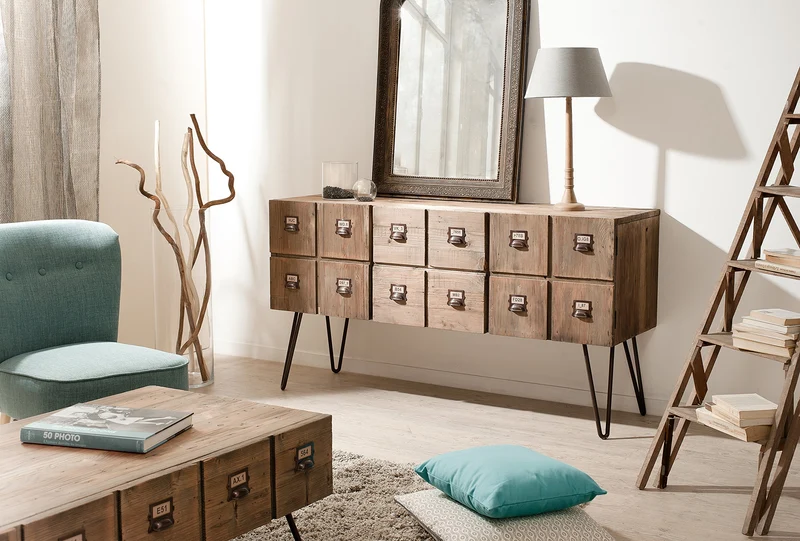 Macabane Buffet 2 Portes 2 tiroirs, Pin, Marron, 150,5 x 45 x 79,5 cm
