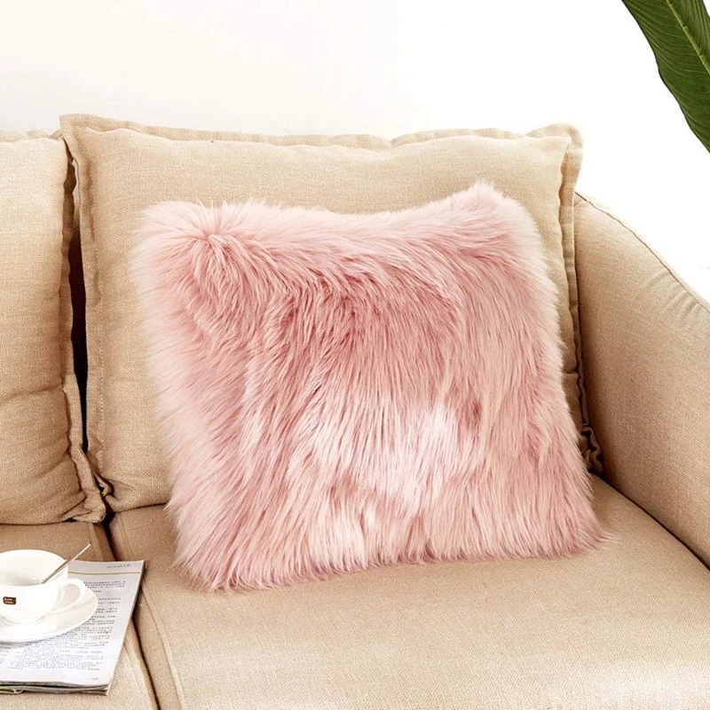 SXYHKJ Housse de Coussin de Canapé en Fausse Fourrure Deluxe Décoratif Maison Chambre Lit Super Doux Peluche Mongolie Taie d'oreiller 45X45cm (Rose, 45x45cm)