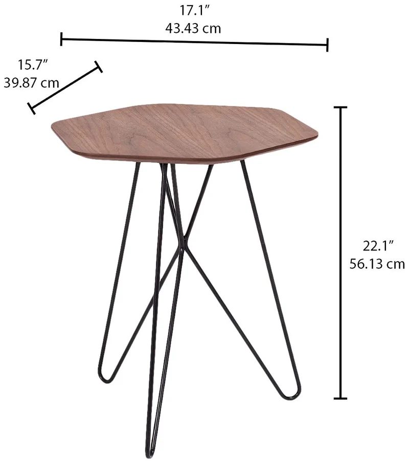 Marque Amazon - Rivet - Table d'appoint hexagonale en noyer et métal noir, 50 x 40 x 46 cm