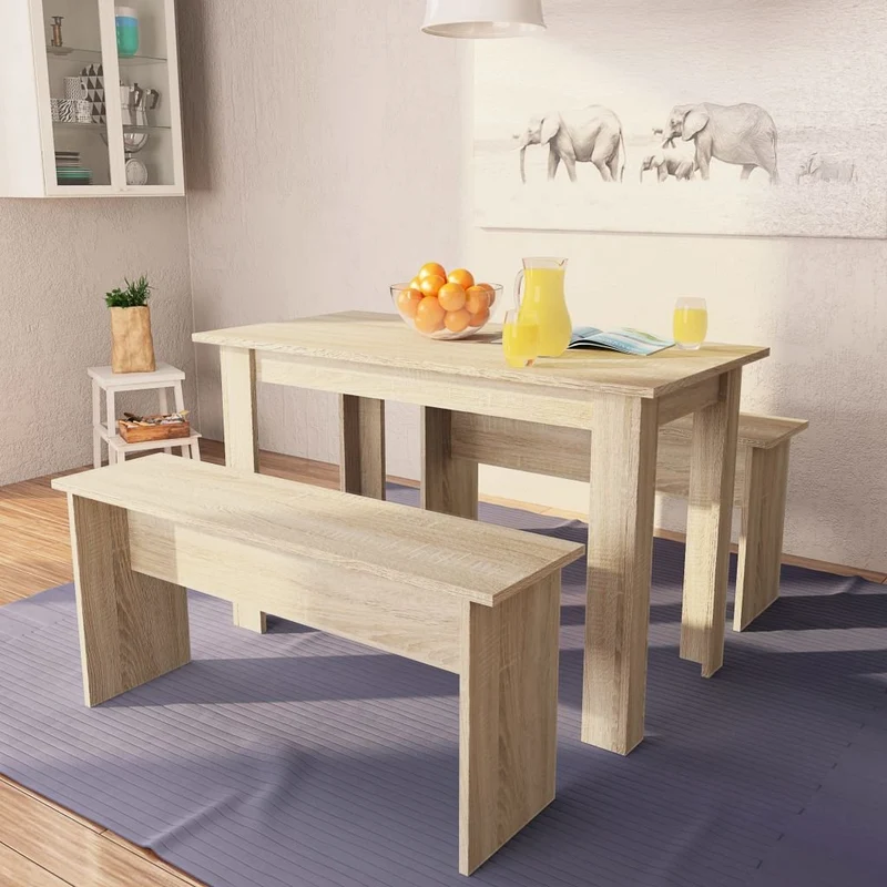 Tidyard 3 pcs Mobilier de Salle à Manger | Table a Manger | Mobilier de Cuisine | Table de Cuisine avec 1 Table et 2 Bancs Aggloméré Chêne