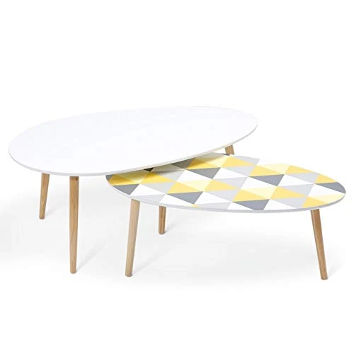 IDMarket - Lot de 2 Tables Basses gigognes laquées Blanc Motifs Blanc Jaune Gris