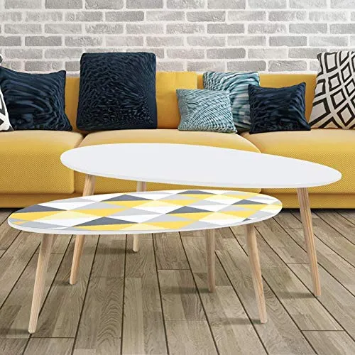 IDMarket - Lot de 2 Tables Basses gigognes laquées Blanc Motifs Blanc Jaune Gris