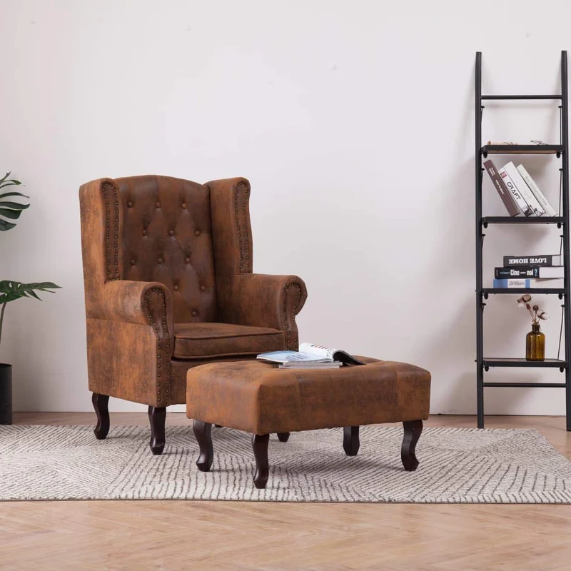 Tidyard Fauteuil Chesterfield avec Repose-Pieds en Simili Cuir Daim Touche de Confortable et Durable Marron