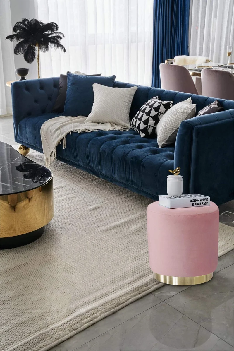 Suhu Pouf Tabouret Velours Coiffeuse Repose Pied Rond de Salon Design Chaise Moderne Siège Vintage Deco Bas en Métal Gold Rose