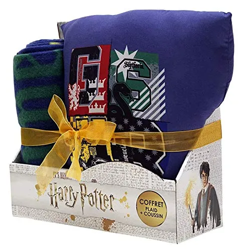 Sahinler Coffret Coussin + Plaid Harry Potter, 100% Polyester, Bleu, 100x130cm + 35x35 cm