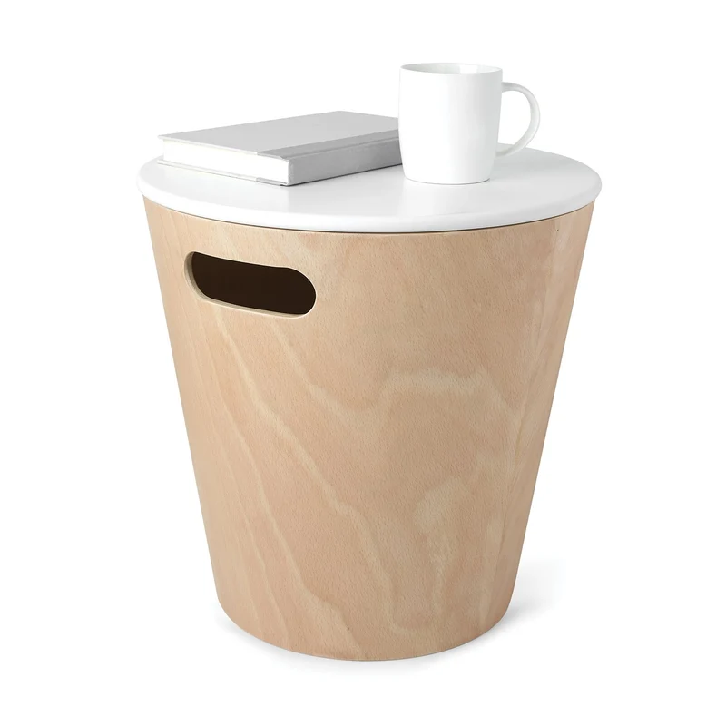 UMBRA Woodrow Storage Stool. Tabouret de rangement Woodrow. Tabouret rond en bois naturel et couvercle laqué blanc, idéal pour les petits espaces, 40.6x42cm, en bois naturel et laqué blanc.