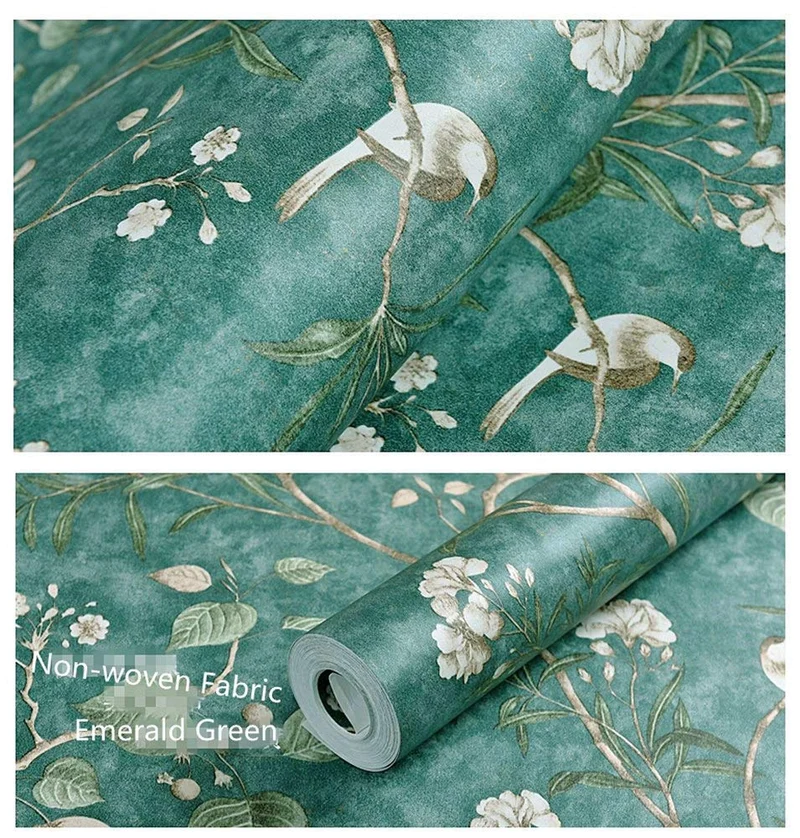 Blooming murale vintage Fleur arbres Oiseaux papier peint pour salon Chambre à coucher de cuisine, 57, à ft. carré Vert émeraude
