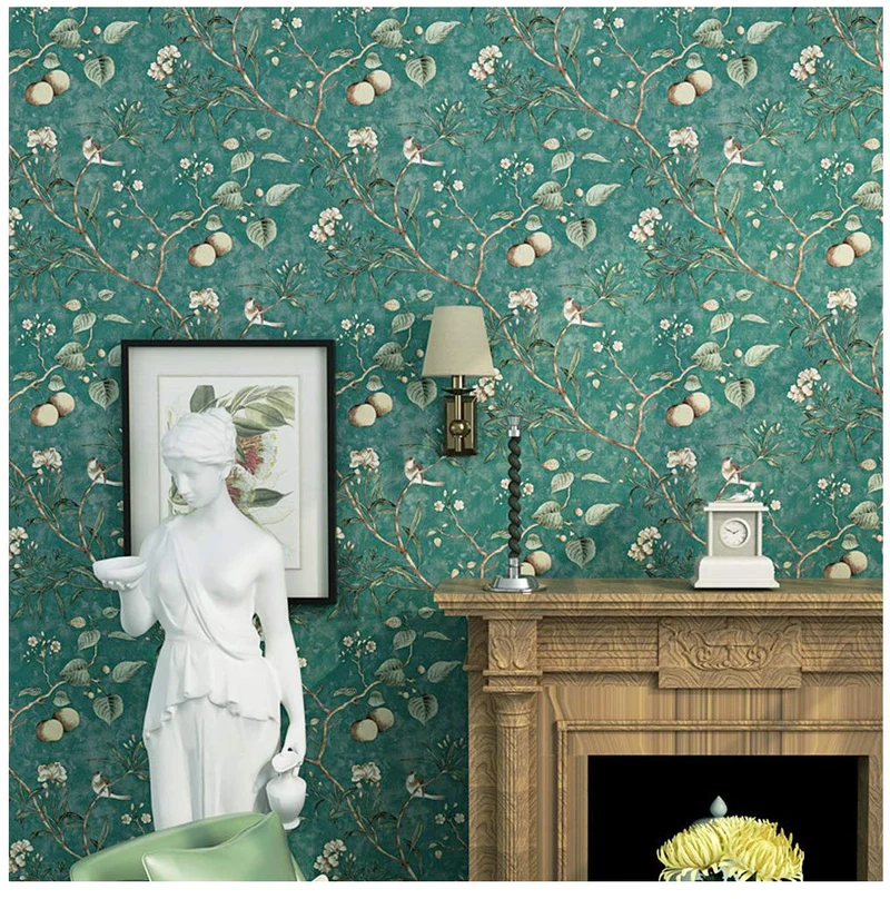 Blooming murale vintage Fleur arbres Oiseaux papier peint pour salon Chambre à coucher de cuisine, 57, à ft. carré Vert émeraude