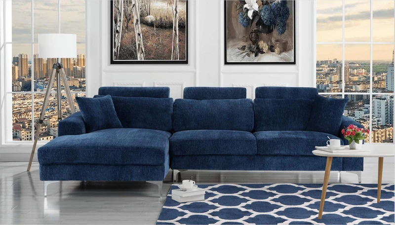 BHDesign Marie - Meridienne Moderne Antique - Velours - Coloris Bleu Navy
