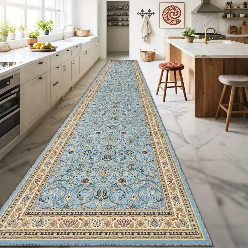 Tapis Long Floral Vintage Bleu et Doré Antidérapant pour Cuisine