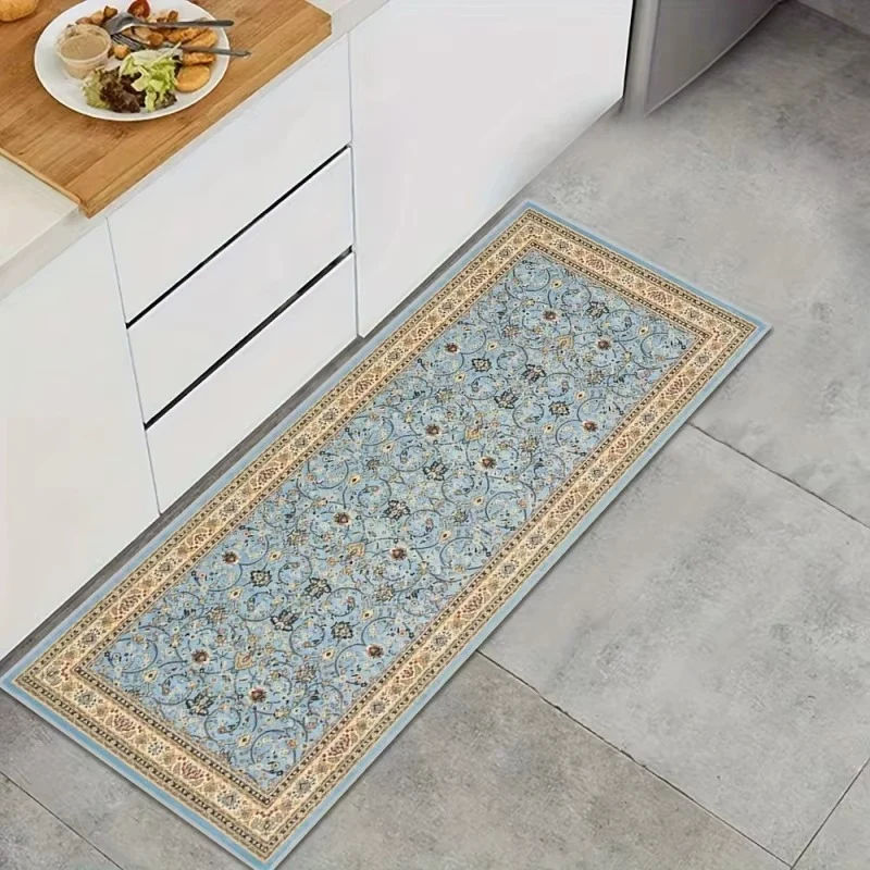 Tapis Long Floral Vintage Bleu et Doré Antidérapant pour Cuisine